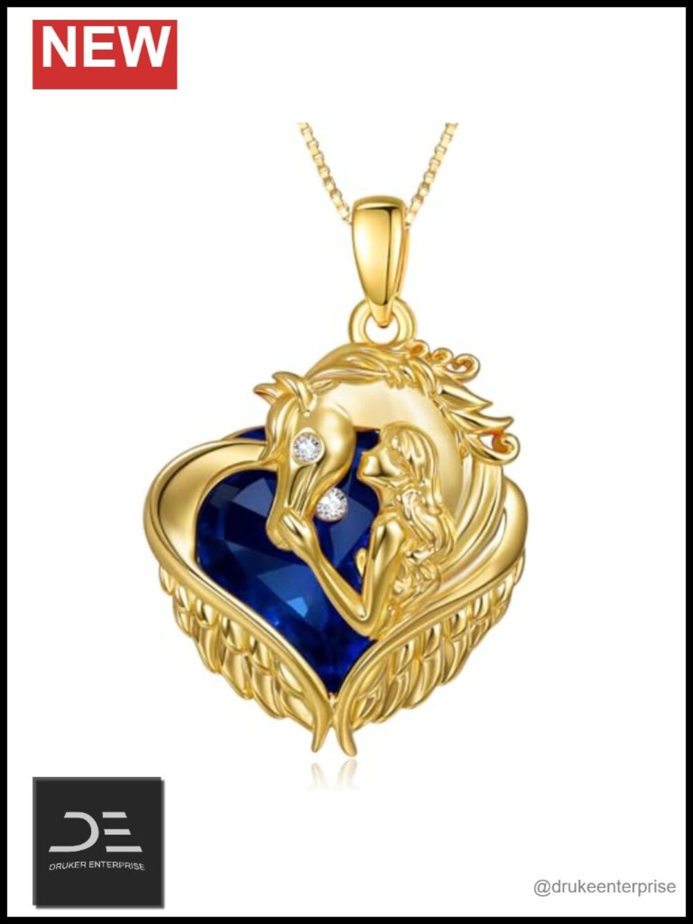 14K Gold Plated Cowgirl Horse Heart Pendant Necklace with Sapphire Birthstone